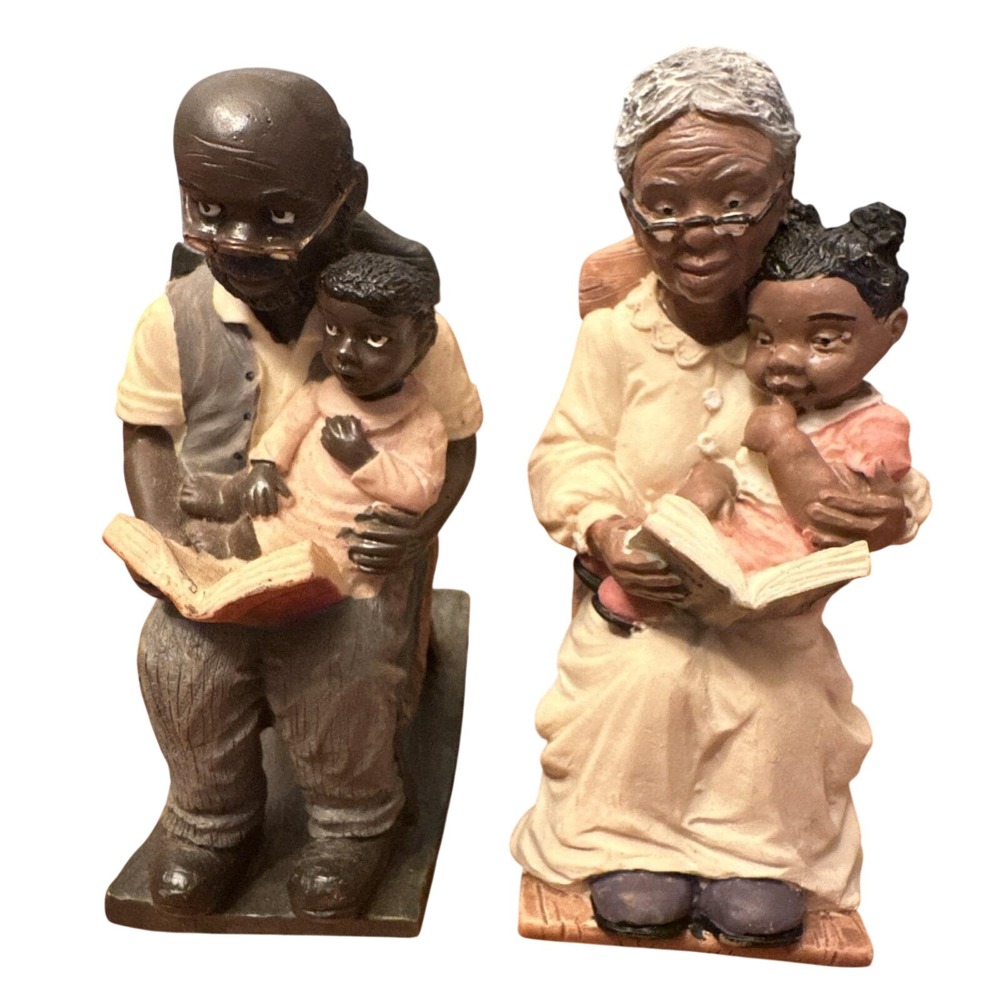 Vintage African-American Grandpa Grandma Reading Kids Figurine Vantage Point 90s
